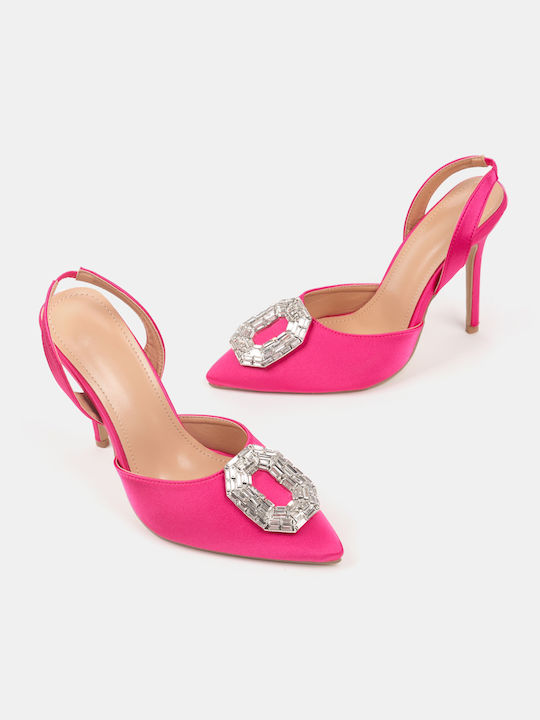 Pointed Satin Heels with Rhinestones Fuchsia Fuchsia