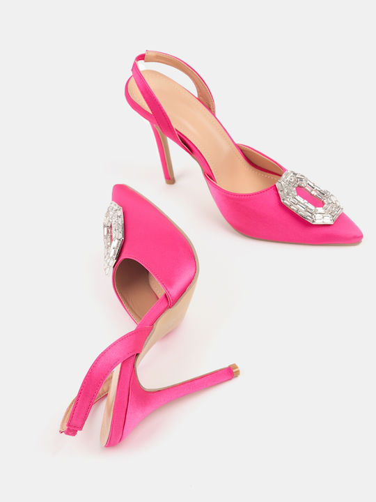 Pointed Satin Heels with Rhinestones Fuchsia Fuchsia