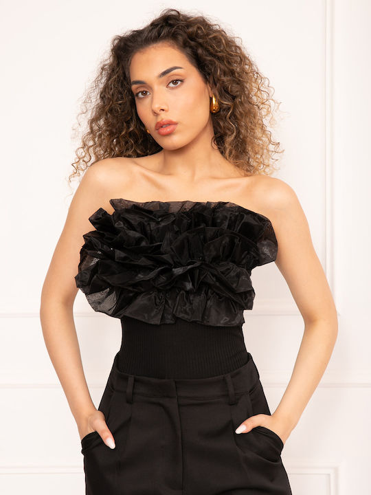 Strapless Organza Black Bodysuit