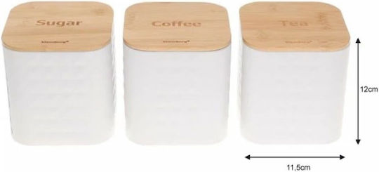 Klausberg Set of 3 Jars for Sugar Coffee Tea with Wooden White Lid 11.5x11.5x12.3cm 3 Pieces