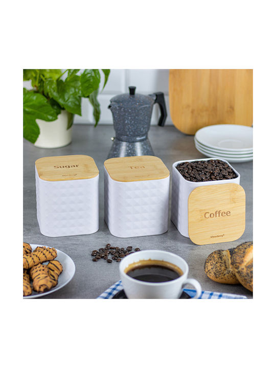 Klausberg Set of 3 Jars for Sugar Coffee Tea with Wooden White Lid 11.5x11.5x12.3cm 3 Pieces