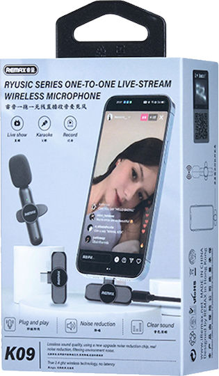Remax Κ09 Live-Stream One-to-One Lightning Ασύρματο Μικρόφωνο Πέτου, Clip On Δημοσιογραφικό
