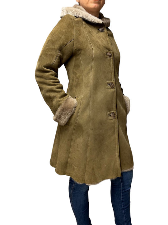 MARKOS LEATHER Women's Mouton Coat with Buttons and Hood HAKI