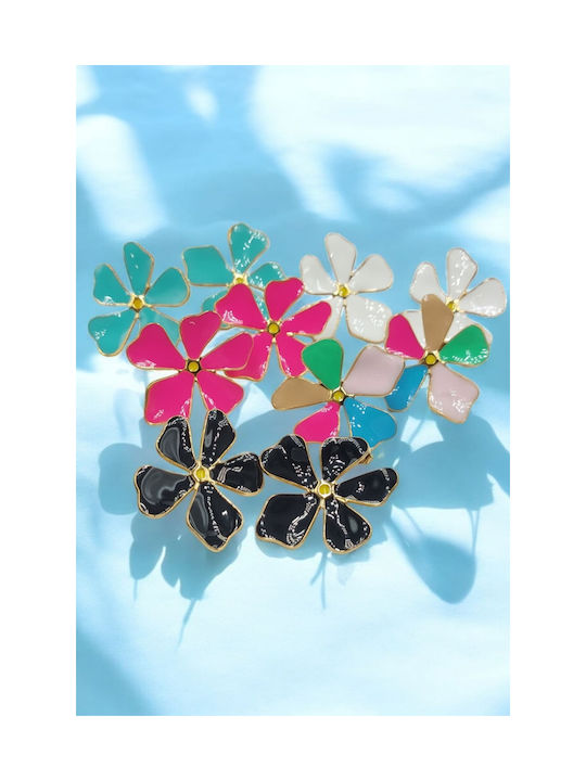 Stainless Steel Gold Open Flower Black Enamel Stud Earrings