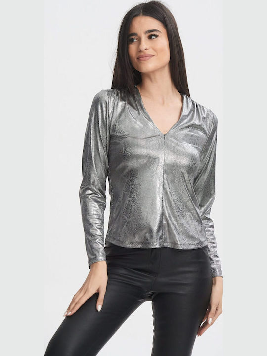 Women's Blouse with V Neckline Silver