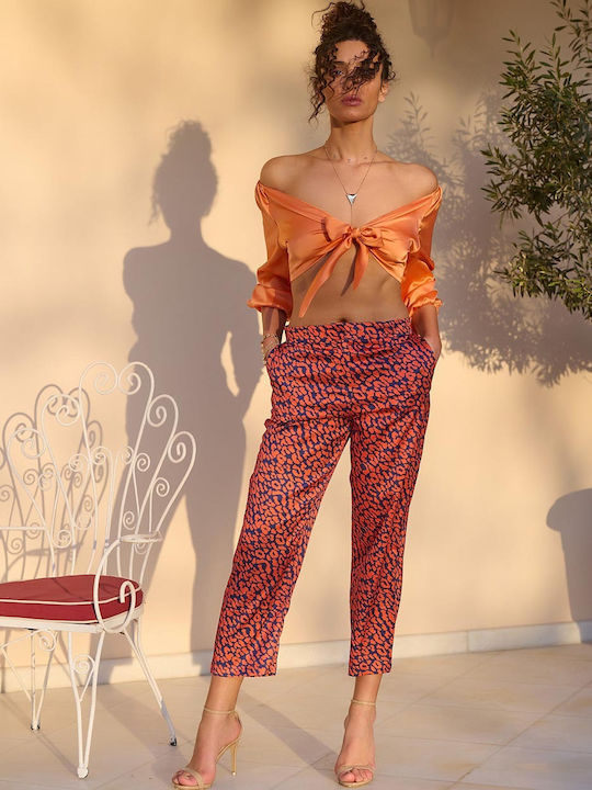Rock Club Women's High-waisted Satin Trousers with Elastic Orange