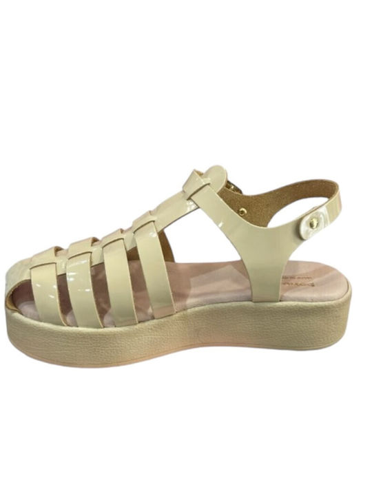 Benefeet Leather Women's Flat Sandals in Beige Color