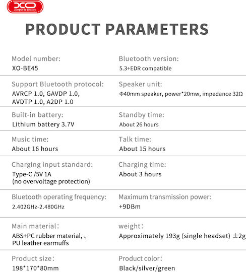 XO BE45 Wireless / Wired On Ear Headphones with 16 hours of Operation Silver
