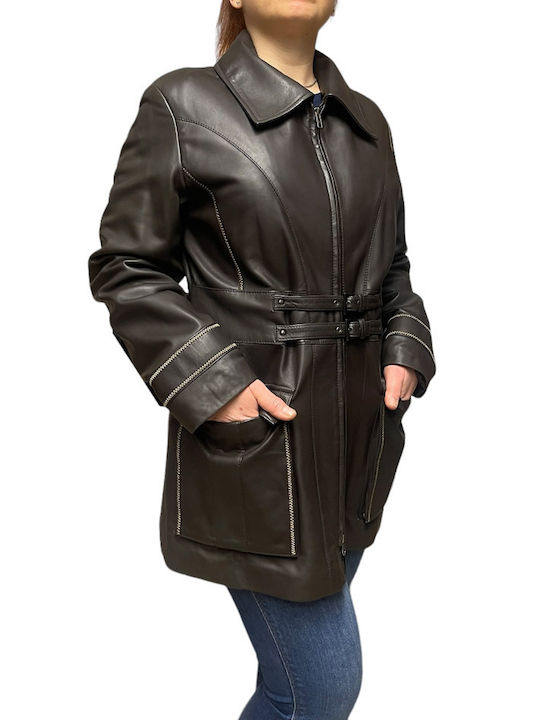 MARKOS LEATHER Women's Long Lifestyle Artificial Leather Jacket for Winter Brown