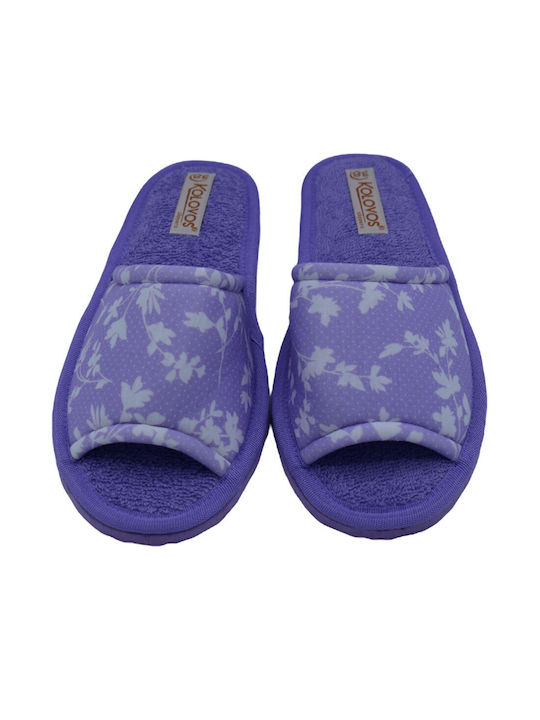 Women's Comfort Slippers with Flowers Kolovos Fabric Cotton Lilac