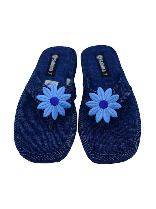 Papuci din material textil Sabina albastru-denim din bumbac