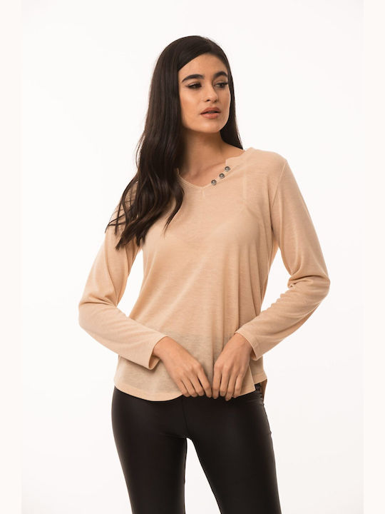 Dress Up Damen Bluse mit V-Ausschnitt Beige