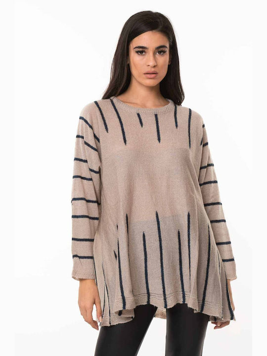 Dress Up Women's Sweater Woolen with 3/4 Sleeve Striped Ecru