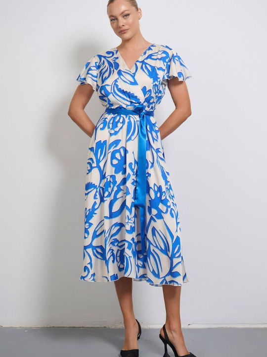 Fibes Midi Φόρεμα Σατέν Κρουαζέ με Βολάν Μπλε