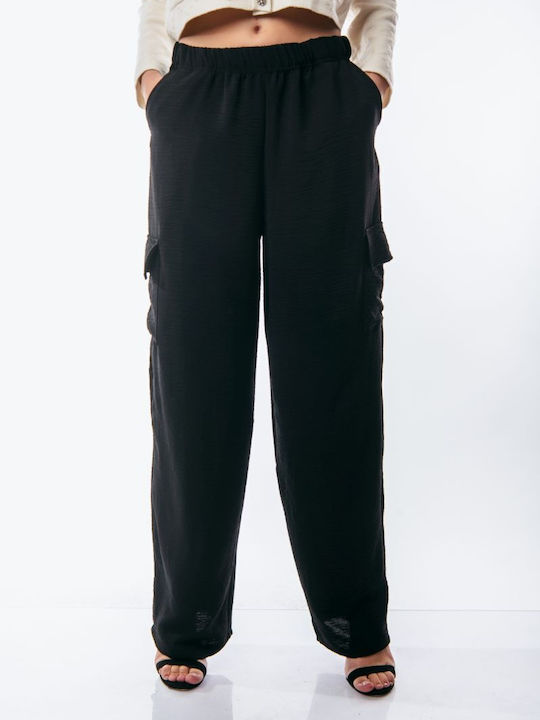 Boutique Women's Fabric Trousers with Elastic in Relaxed Fit Black