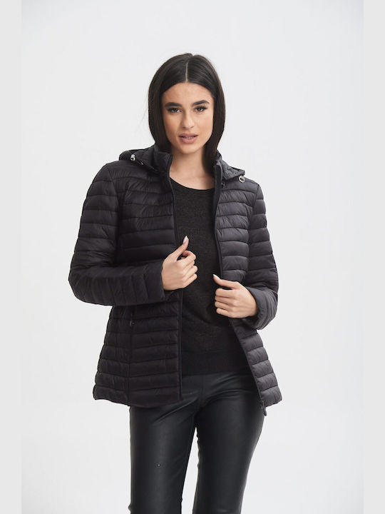 Boutique Women's Short Puffer Jacket for Winter with Hood BLACK