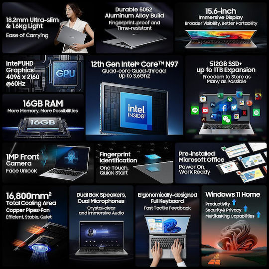 BlackView AceBook 8 15.6" IPS (N-Series-N97/16GB/512GB SSD/W11 Home) (Международна английска клавиатура)