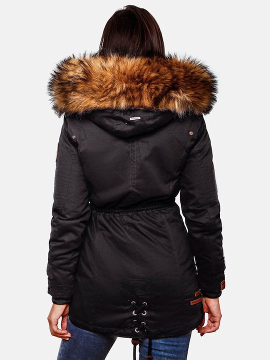 Navahoo Women's Short Puffer Leather Jacket for Winter with Hood Black