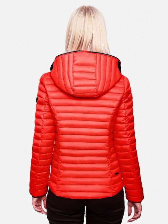 Navahoo Women's Short Puffer Leather Jacket for Spring or Autumn with Hood Neon Orange