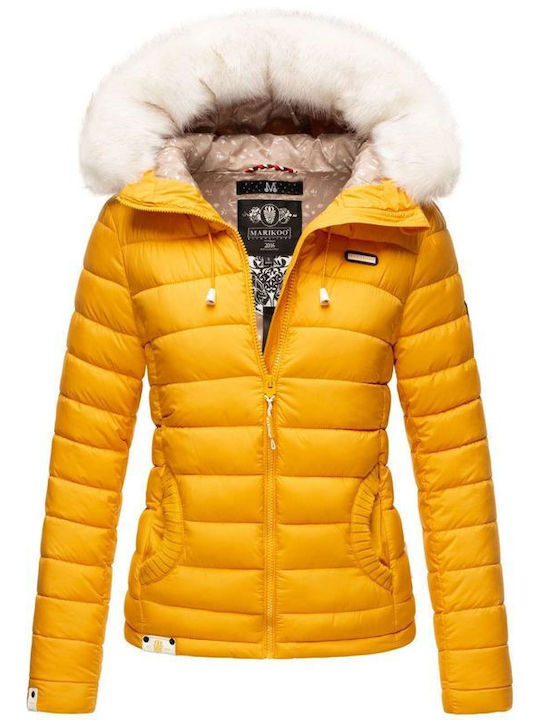 Marikoo Women's Short Lifestyle Jacket for Winter with Hood Yellow