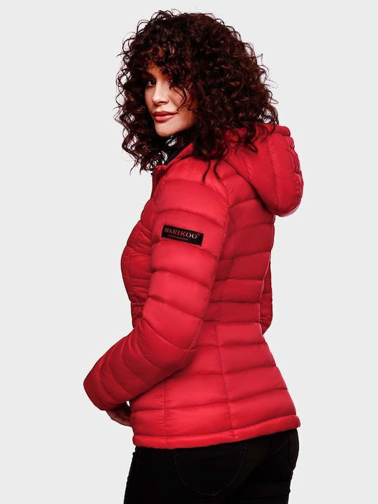 Marikoo Women's Short Puffer Leather Jacket for Spring or Autumn with Hood RED