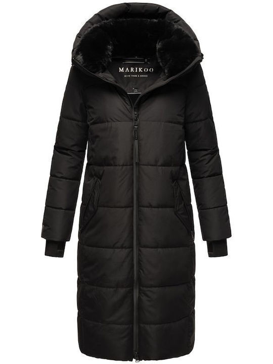 Marikoo Women's Long Puffer Jacket for Winter with Hood Black