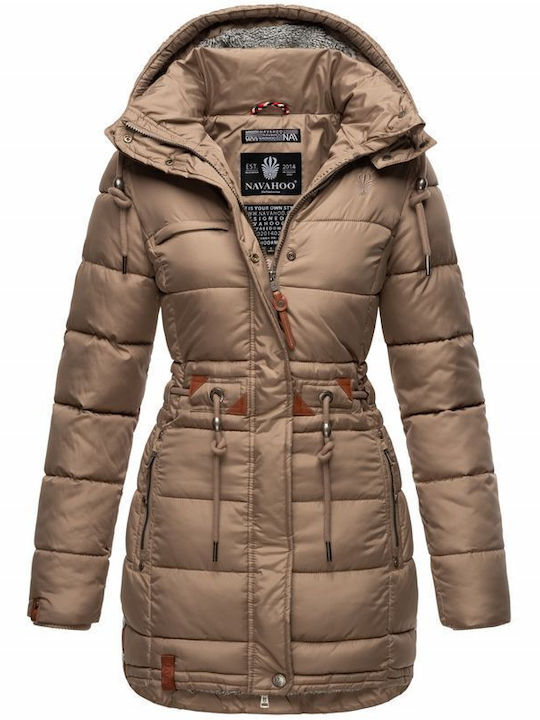 Marikoo Women's Long Puffer Artificial Leather Jacket Waterproof for Winter Taupe