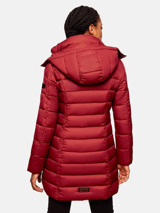 Marikoo Women's Long Puffer Jacket for Winter with Hood Blood Red