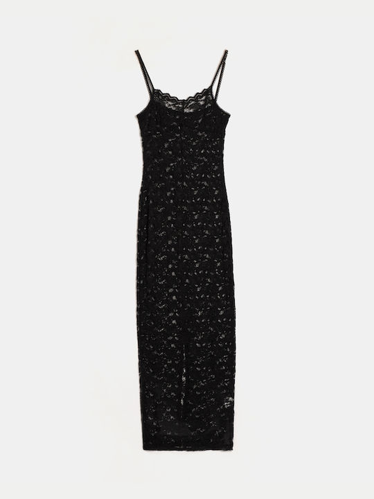 Φόρεμα Δαντελωτό Τιράντες Maxi Μαύρο Μαύρο