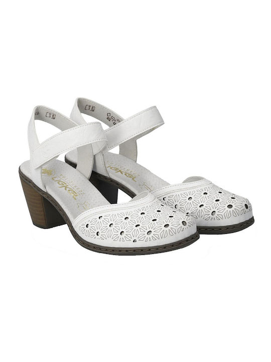 Rieker Anatomic Leather Women's Sandals White with Medium Heel