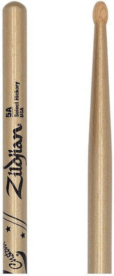 Zildjian Hickory Drumsticks Drums 5A with Tip Shape Oval in Gold Color