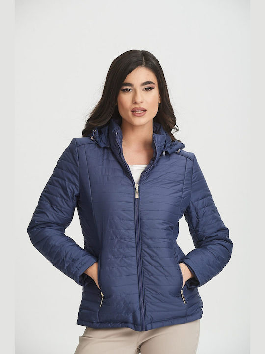 Dress Up Women's Short Puffer Jacket for Winter with Hood Blue