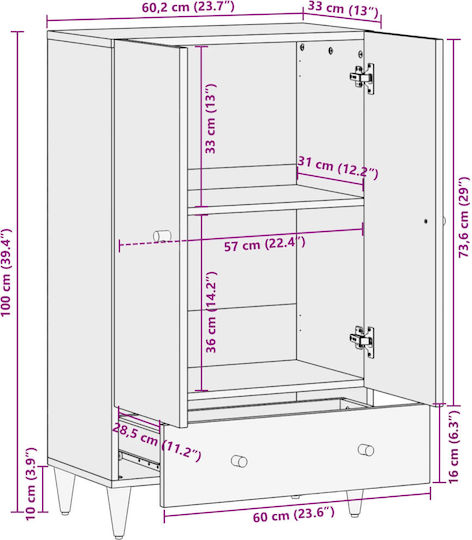 Floor-standing Living Room Display Cabinet made of Wood with Glass Solid Mango Wood 60x33x100cm