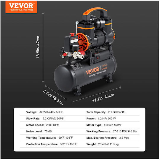 Vevor Air Compressors 70dB with Power 1.2hp and Airtank 8lt WSK9L900W220V338SV2