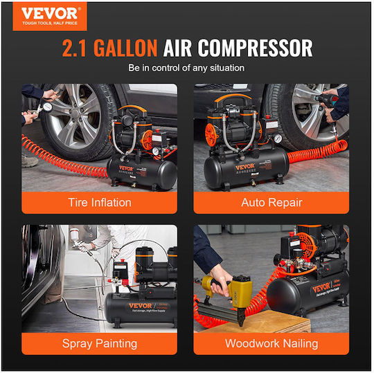 Vevor Air Compressors 70dB with Power 1.2hp and Airtank 8lt WSK9L900W220V338SV2