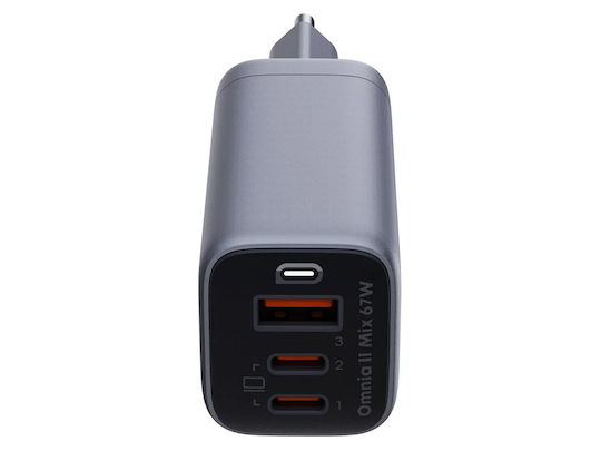 Aukey Charger Without Cable GaN with USB-A Port and 2 USB-C Ports 67W Power Delivery Gray (PA-B6U)