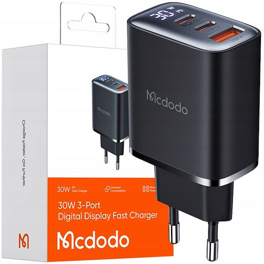 Mcdodo Ladegerät ohne Kabel GaN mit USB-A Anschluss und 2 USB-C Anschlüsse 30W Stromlieferung Schwarzs (CH-2180)