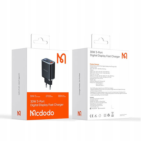 Mcdodo Ladegerät ohne Kabel GaN mit USB-A Anschluss und 2 USB-C Anschlüsse 30W Stromlieferung Schwarzs (CH-2180)