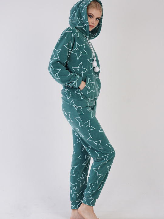Pijama de iarnă Vienetta pentru femei din polar cu glugă și inimioare - 304042a Verde Laurel