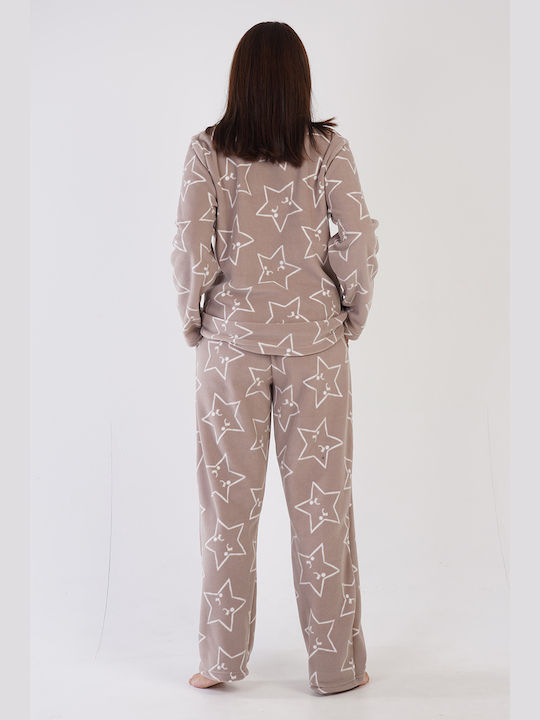 Pijama de damă Vienetta din polar de iarnă cu inimioare, mărime plus size 1xl-4xl, 304043b, bej