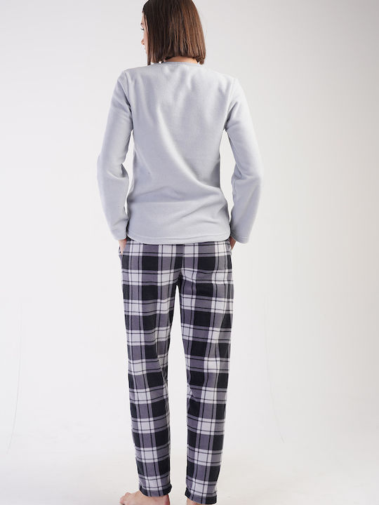 Vienetta Women's Winter Fleece Pyjamas "dream Big" Checkered Pants-305005b Light Grey