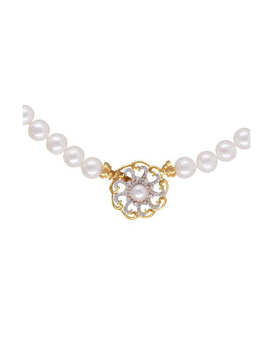 Necklace 14K Gold Clasp White Pearls Zircon F125496