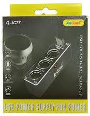 Car Charger with Ports 1xUSB-A 3xLighter with Embedded Cable Black Color