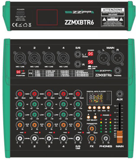 ZZiPP ZZMXBTR6 ZZMXBTR6 Αναλογική Κονσόλα 6 Καναλιών με Phantom Power & 4 Εισόδους XLR & Bluetooth