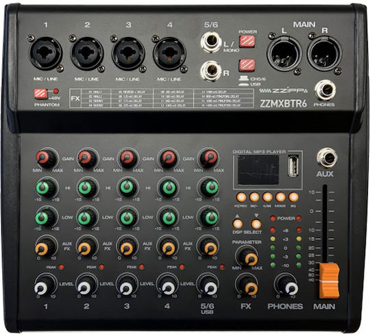 ZZiPP ZZMXBTR6 ZZMXBTR6 Αναλογική Κονσόλα 6 Καναλιών με Phantom Power & 4 Εισόδους XLR & Bluetooth