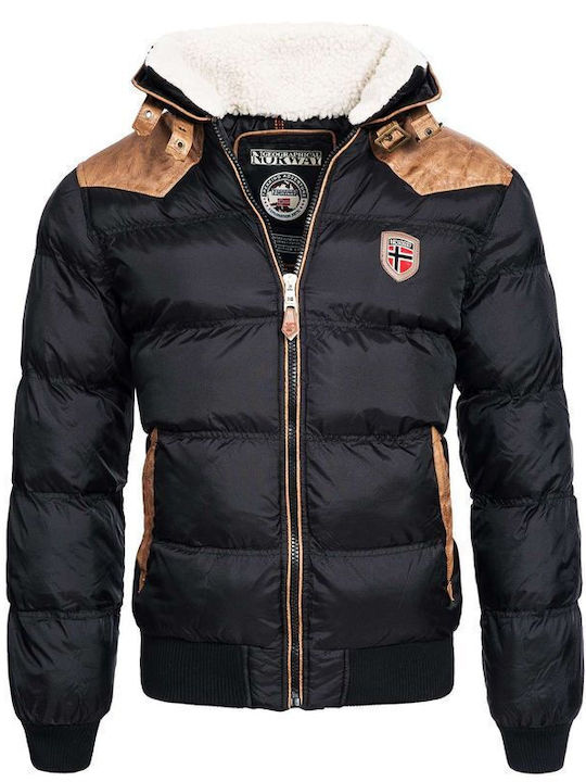 Geographical Norway Women's Hiking Short Puffer Artificial Leather Jacket for Winter Black