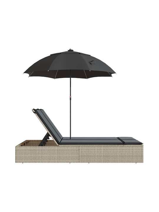 Șezlong Dublu Rattan cu Pernă și Parasolar Gri 110x200cm