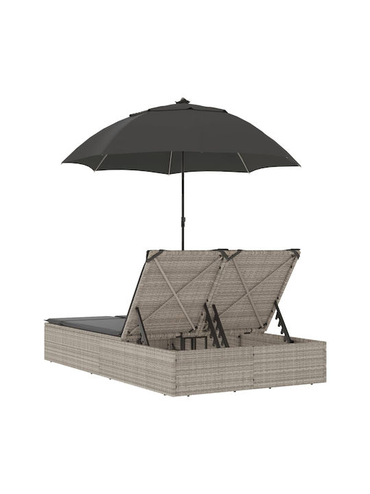 Șezlong Dublu Rattan cu Pernă și Parasolar Gri 110x200cm