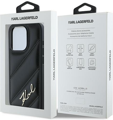 Karl Lagerfeld Diagonal Quilted Script Umschlag Rückseite Silikon / Kunststoff / Leder Schwarz (iPhone 15 Pro Max)
