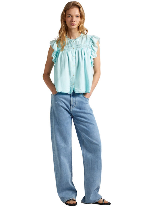 Pepe Jeans Women's Denim Long Sleeve Shirt Aqua Blue
